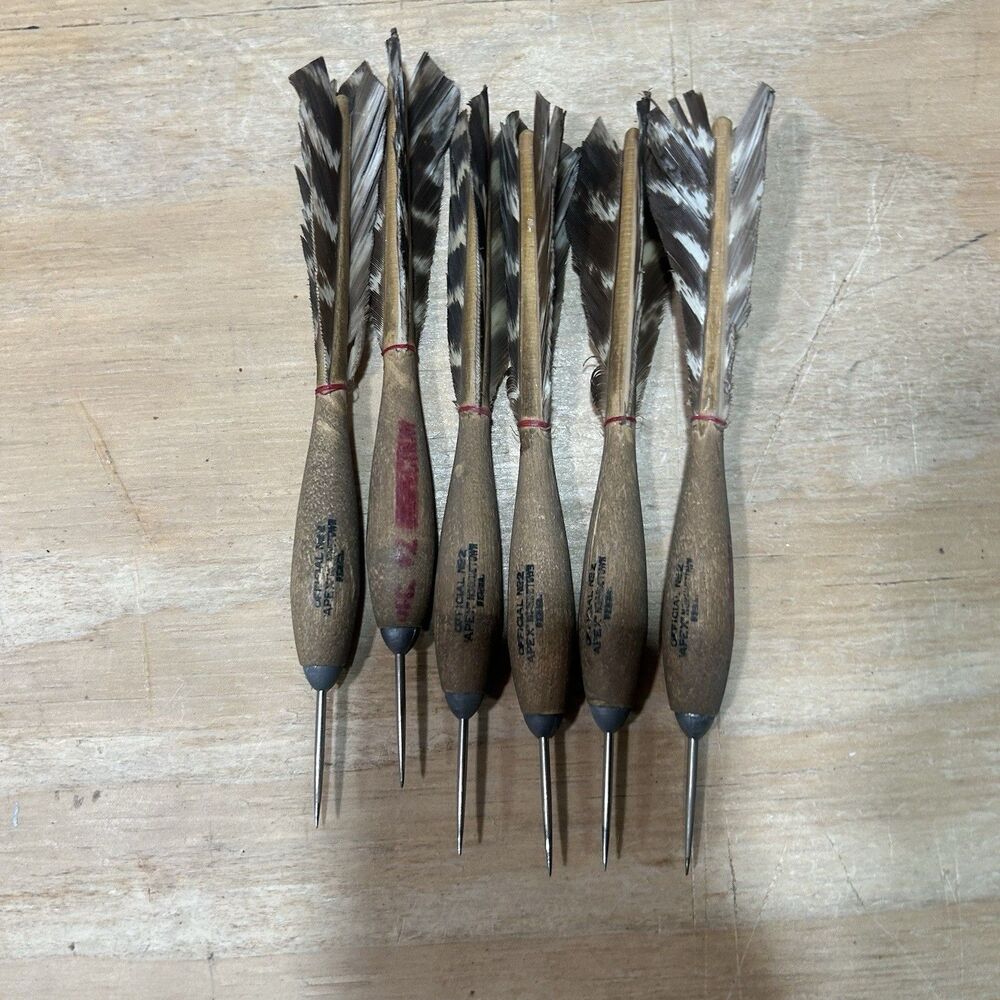 Vintage Lot of 6 Darts Official No2 Apex Steel Tip Wood Wooden Body Dart